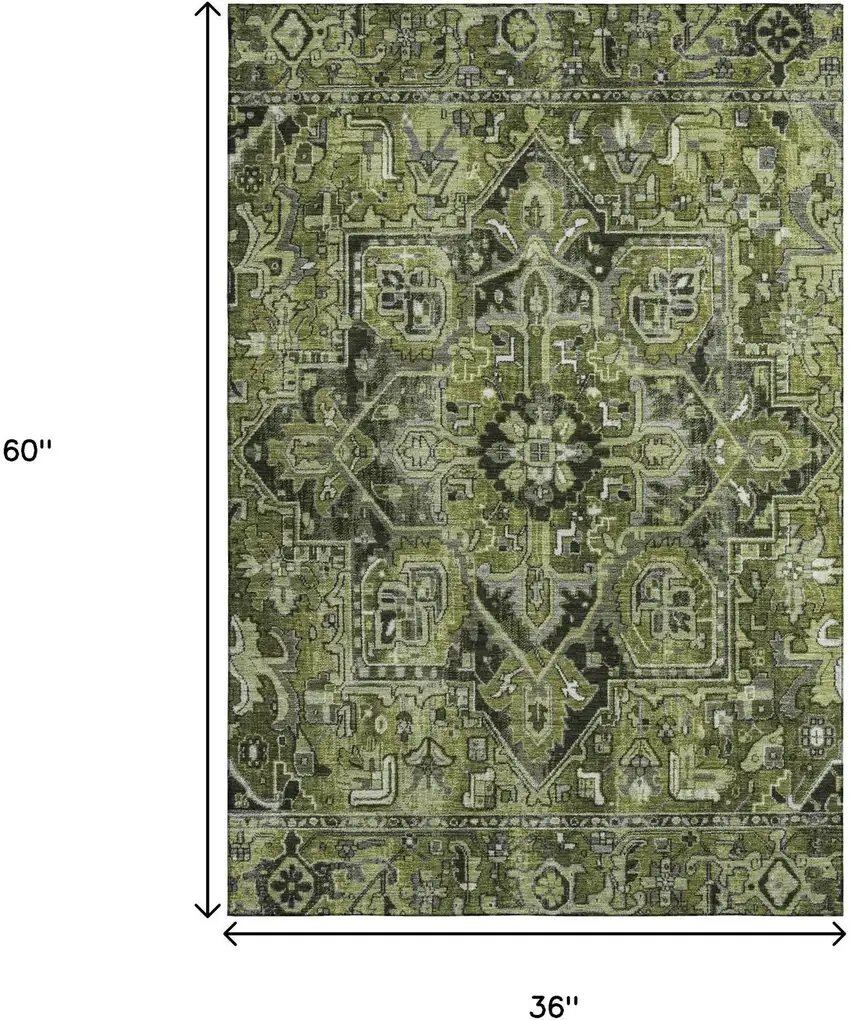 Olive Green Gray And Ivory Oriental Washable Area Rug With UV Protection Photo 3