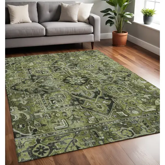 Olive Green Gray And Ivory Oriental Washable Area Rug With UV Protection Photo 2