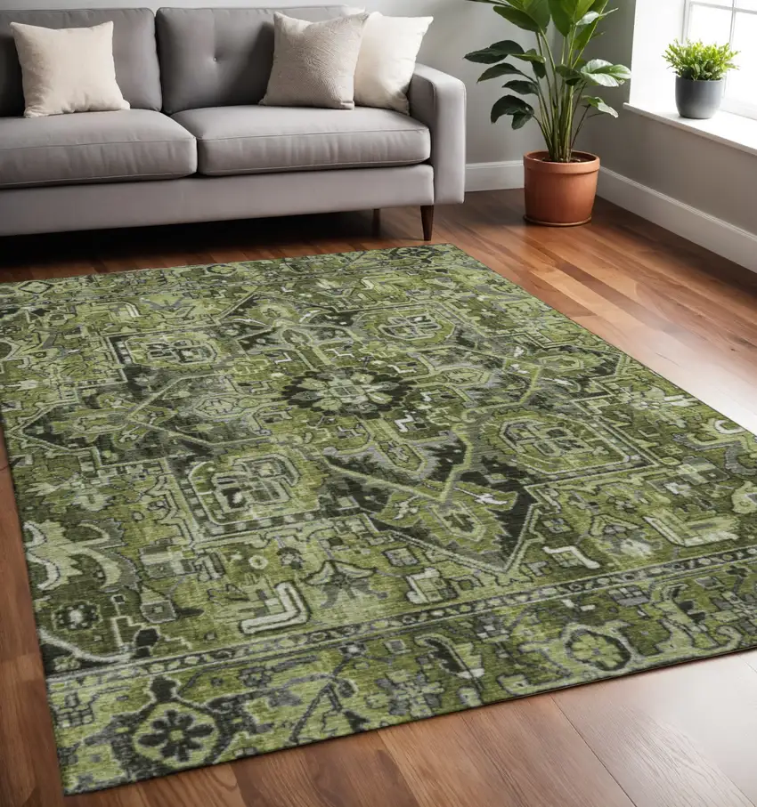 Olive Green Gray And Ivory Oriental Washable Area Rug With UV Protection Photo 2