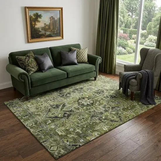 Olive Green Gray And Ivory Oriental Washable Area Rug With UV Protection Photo 1