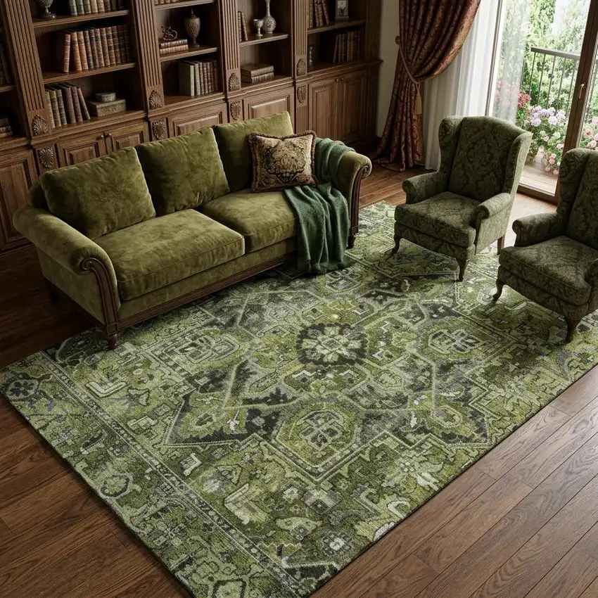 Olive Green Gray And Ivory Oriental Washable Area Rug With UV Protection Photo 1