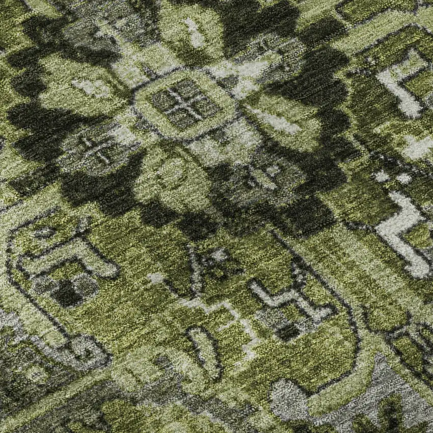 Olive Green Gray And Ivory Oriental Washable Area Rug With UV Protection Photo 9