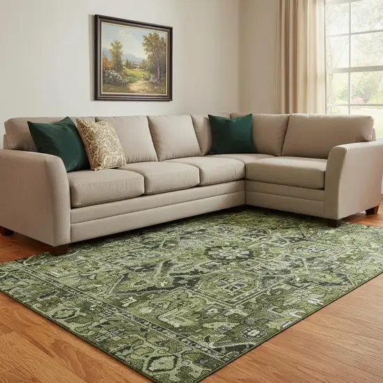 Olive Green Gray And Ivory Oriental Washable Area Rug With UV Protection Photo 1