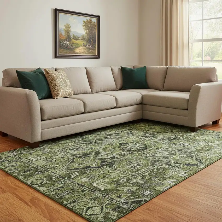 Olive Green Gray And Ivory Oriental Washable Area Rug With UV Protection Photo 1