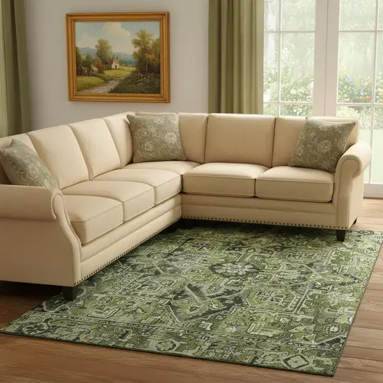Olive Green Gray And Ivory Oriental Washable Area Rug With UV Protection Photo 1