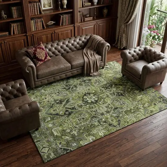 Olive Green Gray And Ivory Oriental Washable Area Rug With UV Protection Photo 1