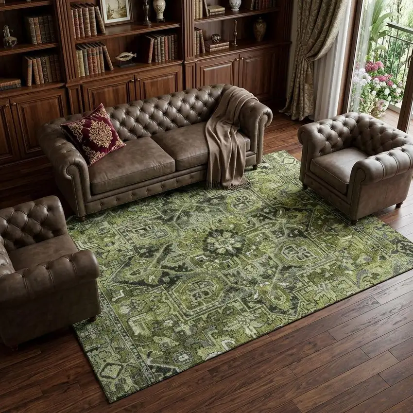 Olive Green Gray And Ivory Oriental Washable Area Rug With UV Protection Photo 1