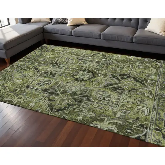 Olive Green Gray And Ivory Oriental Washable Area Rug With UV Protection Photo 2