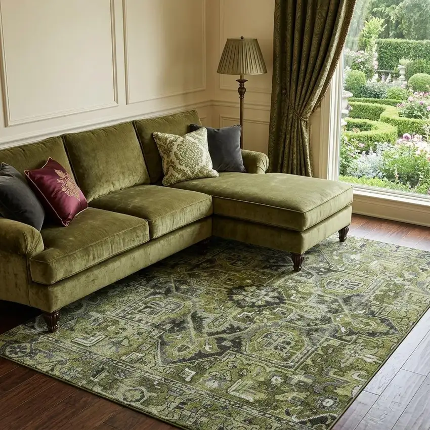 Olive Green Gray And Ivory Oriental Washable Area Rug With UV Protection Photo 1