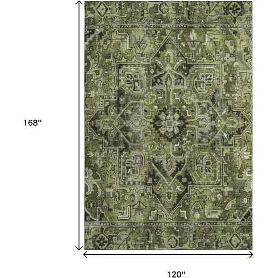 Olive Green Gray And Ivory Oriental Washable Area Rug With UV Protection Photo 3