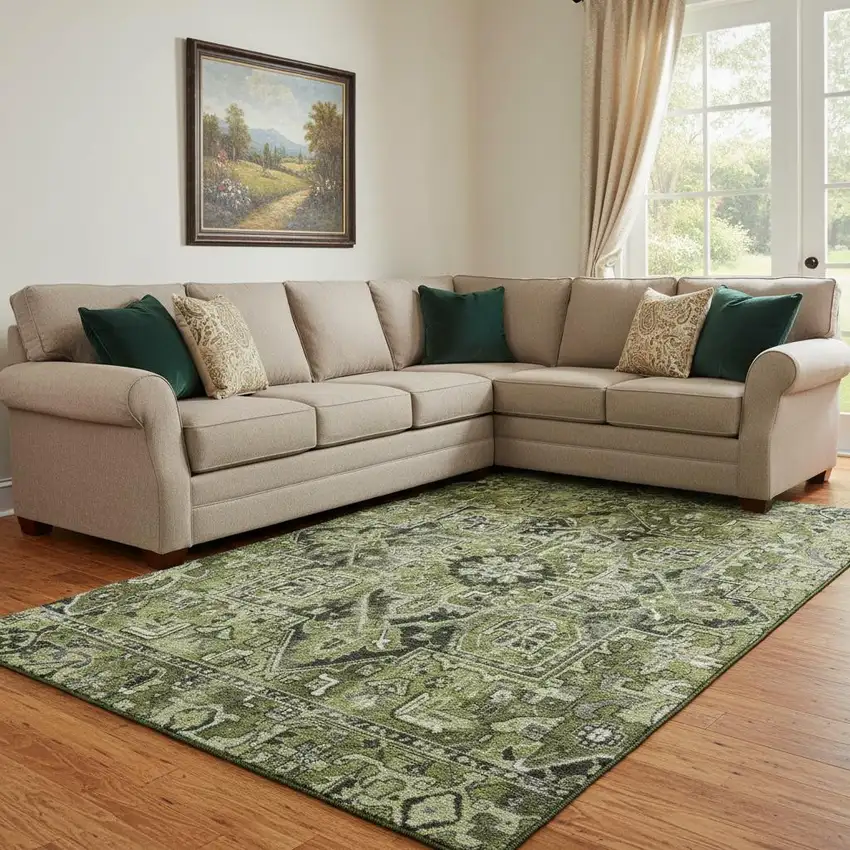 Olive Green Gray And Ivory Oriental Washable Area Rug With UV Protection Photo 1