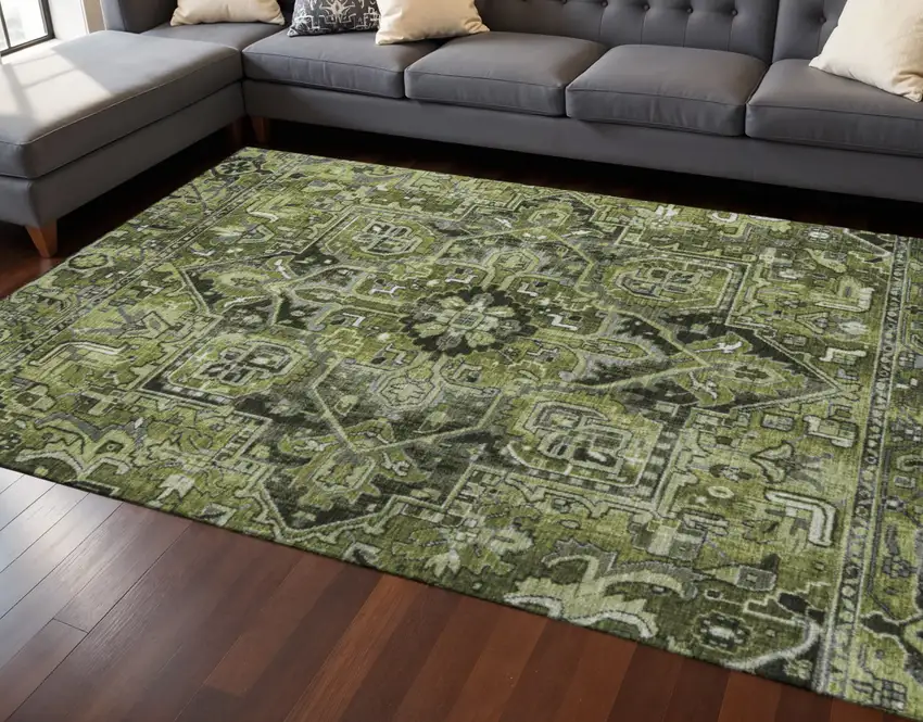 Olive Green Gray And Ivory Oriental Washable Area Rug With UV Protection Photo 2