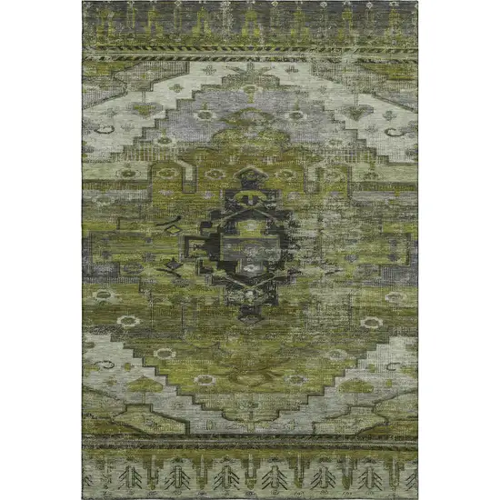 Olive Green Gray And Ivory Oriental Washable Area Rug With UV Protection Photo 1