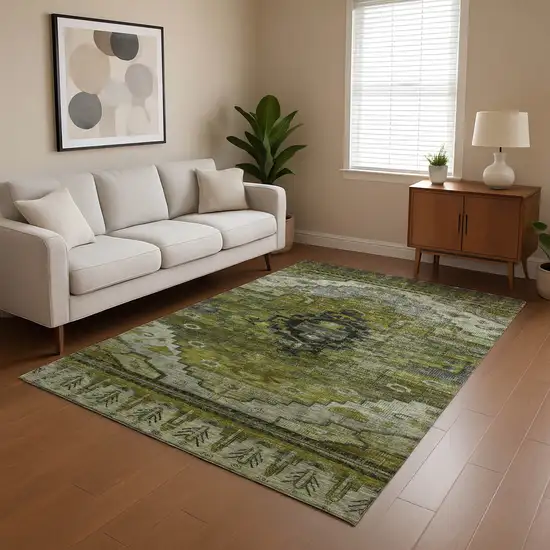 Olive Green Gray And Ivory Oriental Washable Area Rug With UV Protection Photo 4