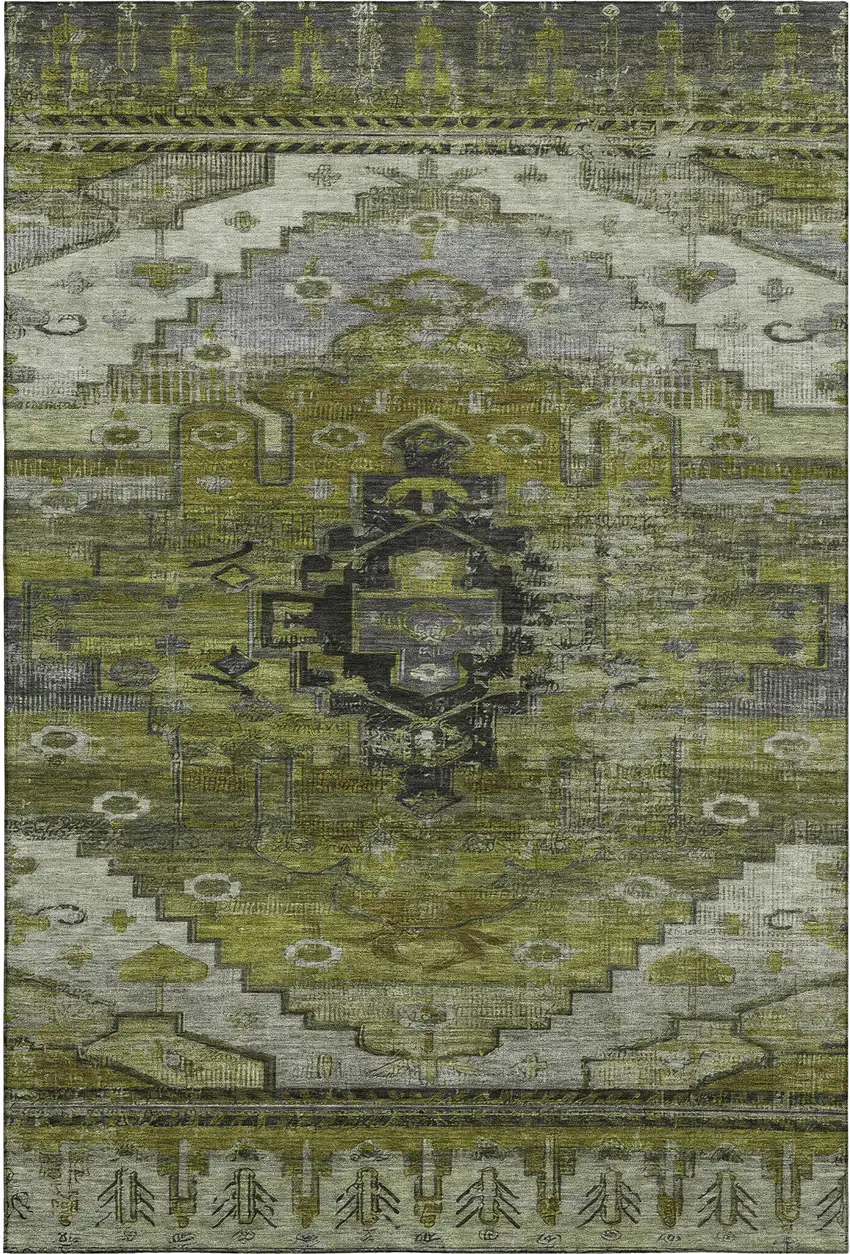 Olive Green Gray And Ivory Oriental Washable Area Rug With UV Protection Photo 1