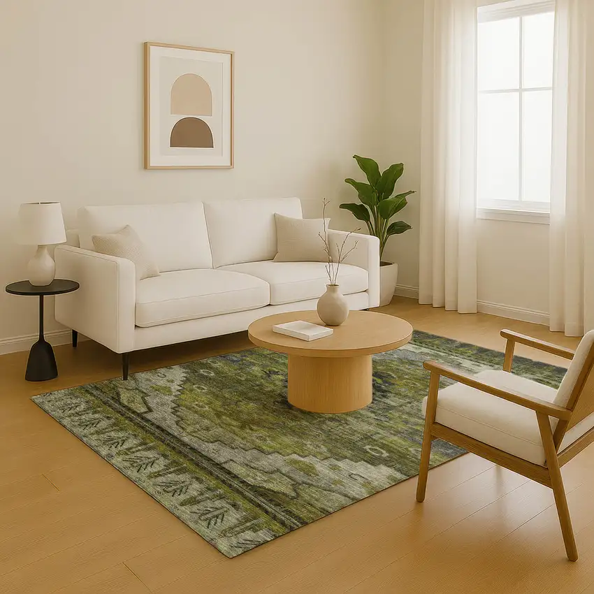 Olive Green Gray And Ivory Oriental Washable Area Rug With UV Protection Photo 5