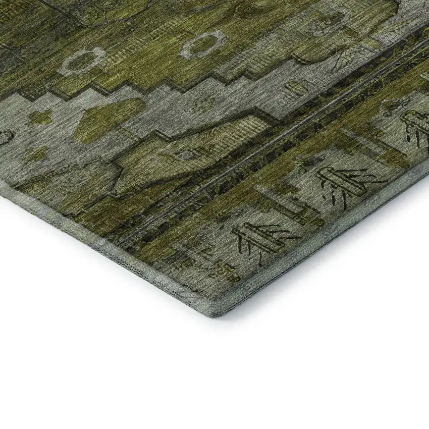 Olive Green Gray And Ivory Oriental Washable Area Rug With UV Protection Photo 7