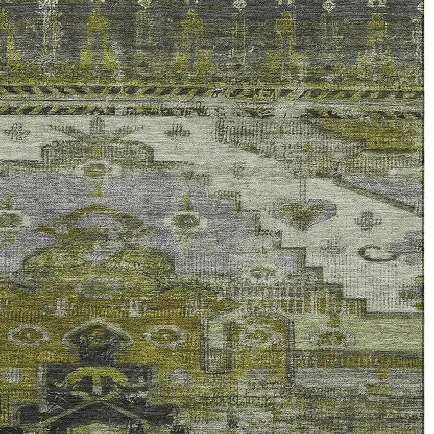 Olive Green Gray And Ivory Oriental Washable Area Rug With UV Protection Photo 3