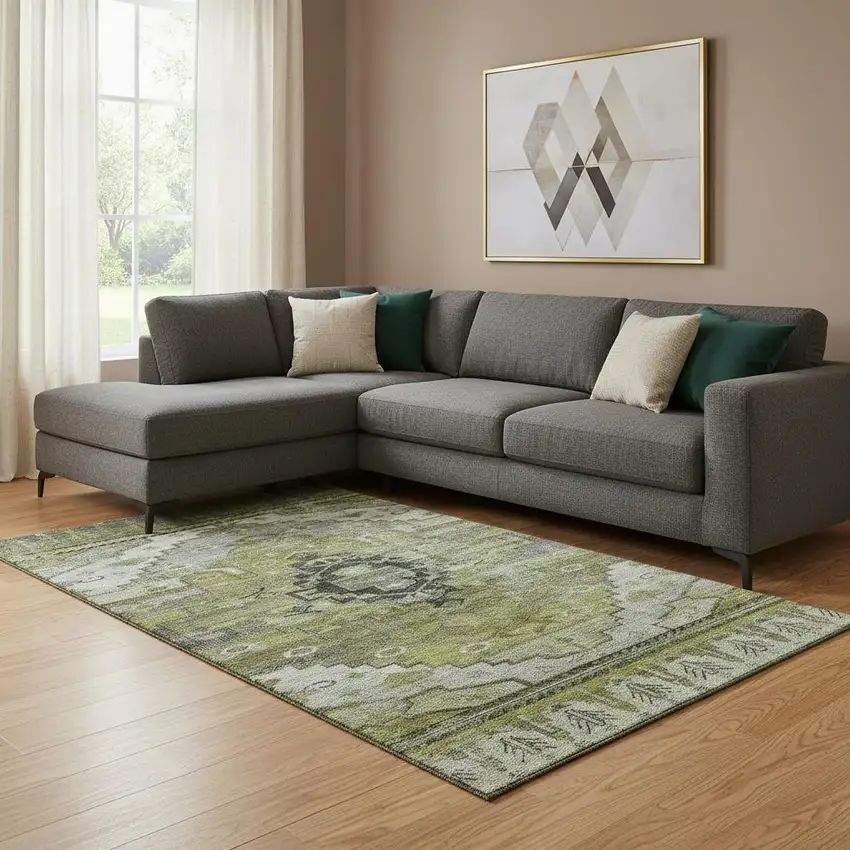 Olive Green Gray And Ivory Oriental Washable Area Rug With UV Protection Photo 2