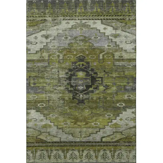 Olive Green Gray And Ivory Oriental Washable Area Rug With UV Protection Photo 3