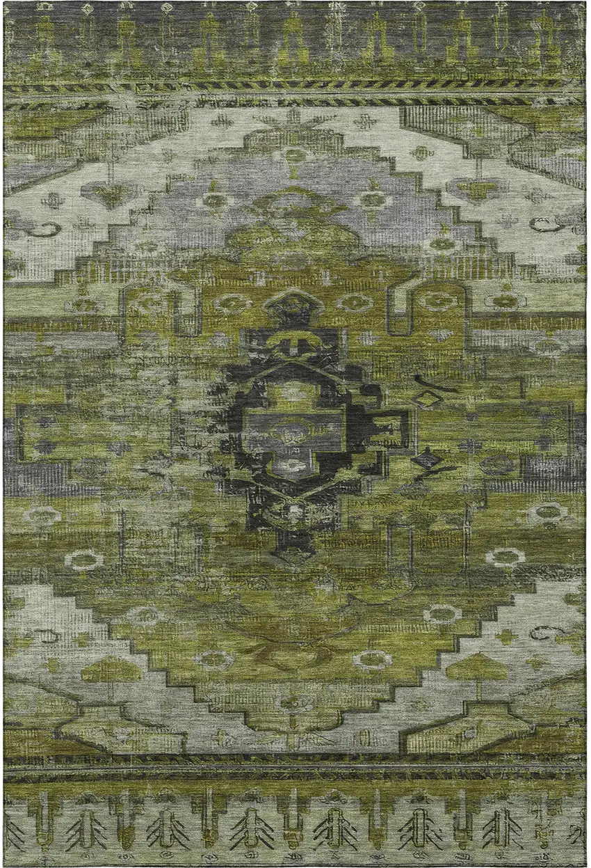 Olive Green Gray And Ivory Oriental Washable Area Rug With UV Protection Photo 3