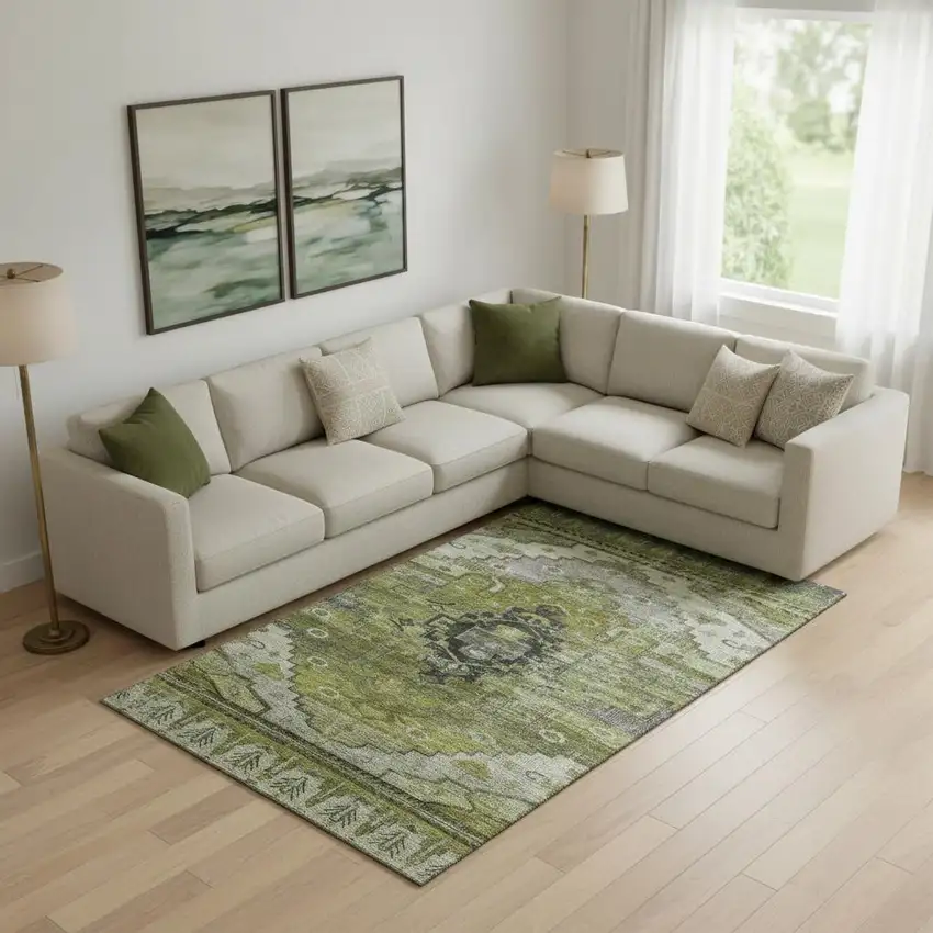 Olive Green Gray And Ivory Oriental Washable Area Rug With UV Protection Photo 2