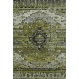 Photo of Olive Green Gray And Ivory Oriental Washable Area Rug With UV Protection