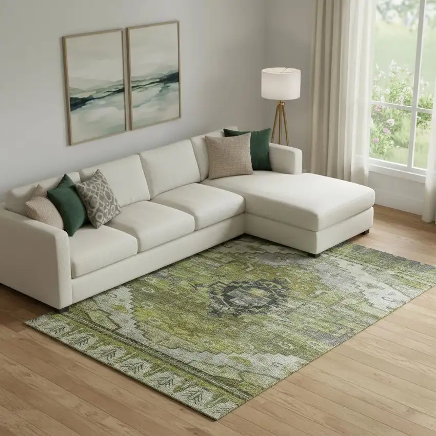 Olive Green Gray And Ivory Oriental Washable Area Rug With UV Protection Photo 2