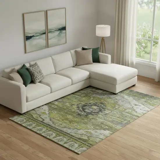 Olive Green Gray And Ivory Oriental Washable Area Rug With UV Protection Photo 2