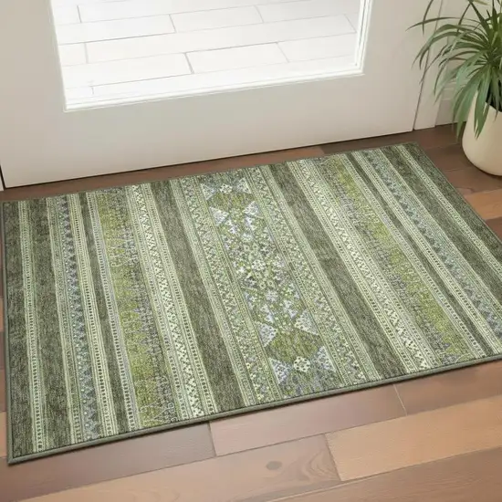 Olive Green Gray And Ivory Southwestern Washable Area Rug With UV Protection Photo 2