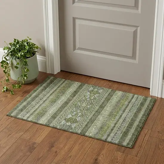 Olive Green Gray And Ivory Southwestern Washable Area Rug With UV Protection Photo 1