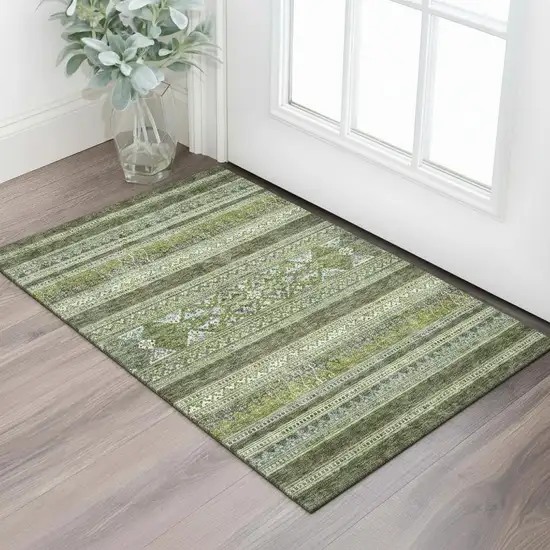 Olive Green Gray And Ivory Southwestern Washable Area Rug With UV Protection Photo 1
