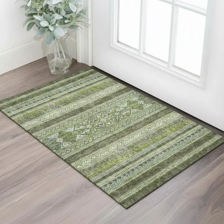 Olive Green Gray And Ivory Southwestern Washable Area Rug With UV Protection Photo 1