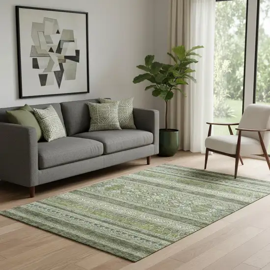 Olive Green Gray And Ivory Southwestern Washable Area Rug With UV Protection Photo 1