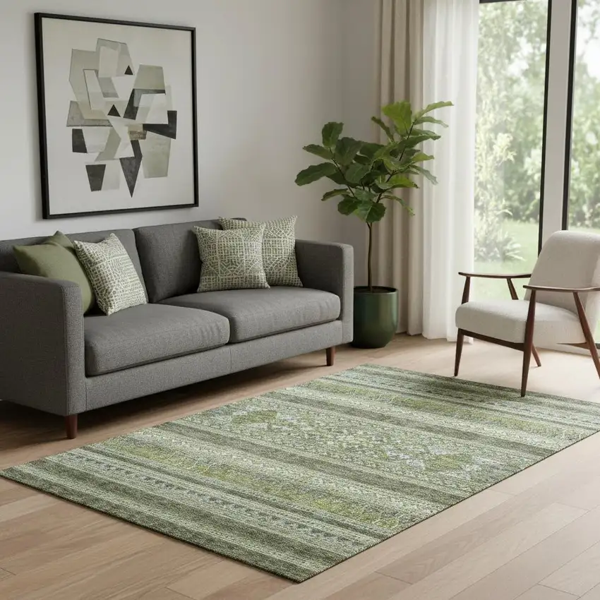 Olive Green Gray And Ivory Southwestern Washable Area Rug With UV Protection Photo 1