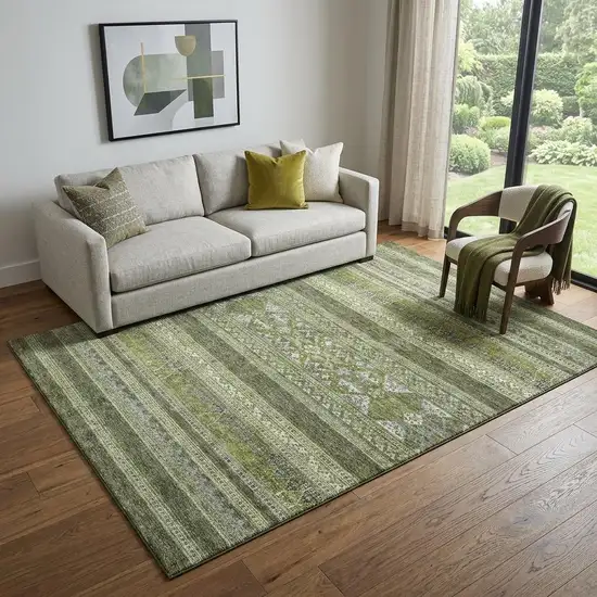 Olive Green Gray And Ivory Southwestern Washable Area Rug With UV Protection Photo 1