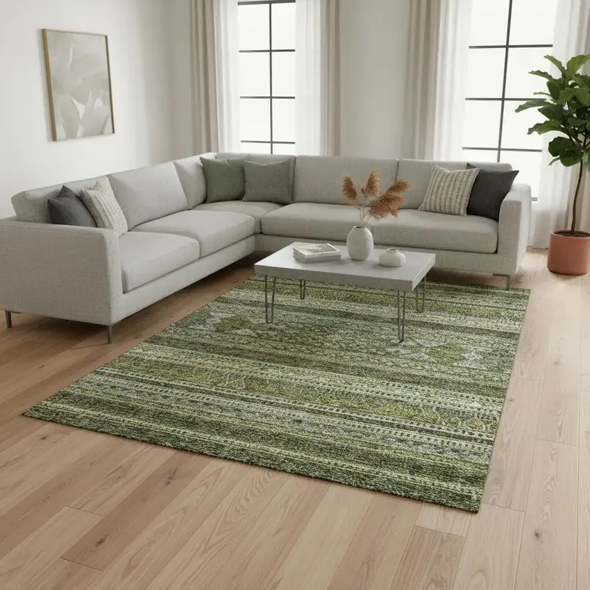 Olive Green Gray And Ivory Southwestern Washable Area Rug With UV Protection Photo 1