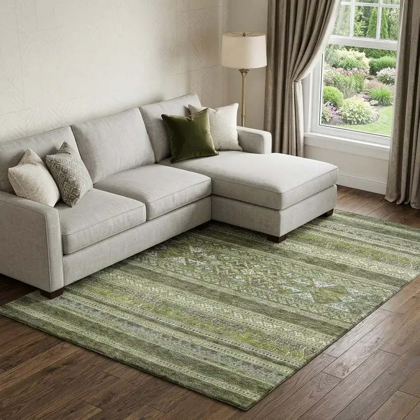 Olive Green Gray And Ivory Southwestern Washable Area Rug With UV Protection Photo 1