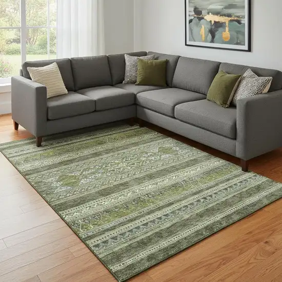 Olive Green Gray And Ivory Southwestern Washable Area Rug With UV Protection Photo 1