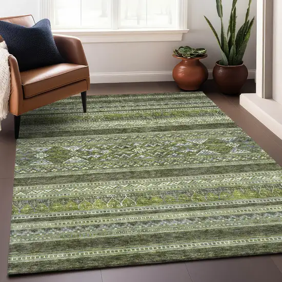 Olive Green Gray And Ivory Southwestern Washable Area Rug With UV Protection Photo 7