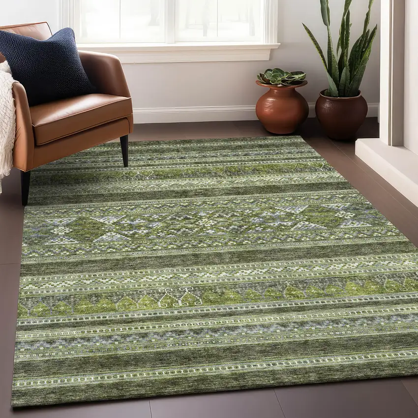 Olive Green Gray And Ivory Southwestern Washable Area Rug With UV Protection Photo 7