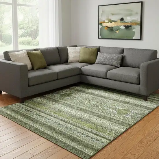 Olive Green Gray And Ivory Southwestern Washable Area Rug With UV Protection Photo 1