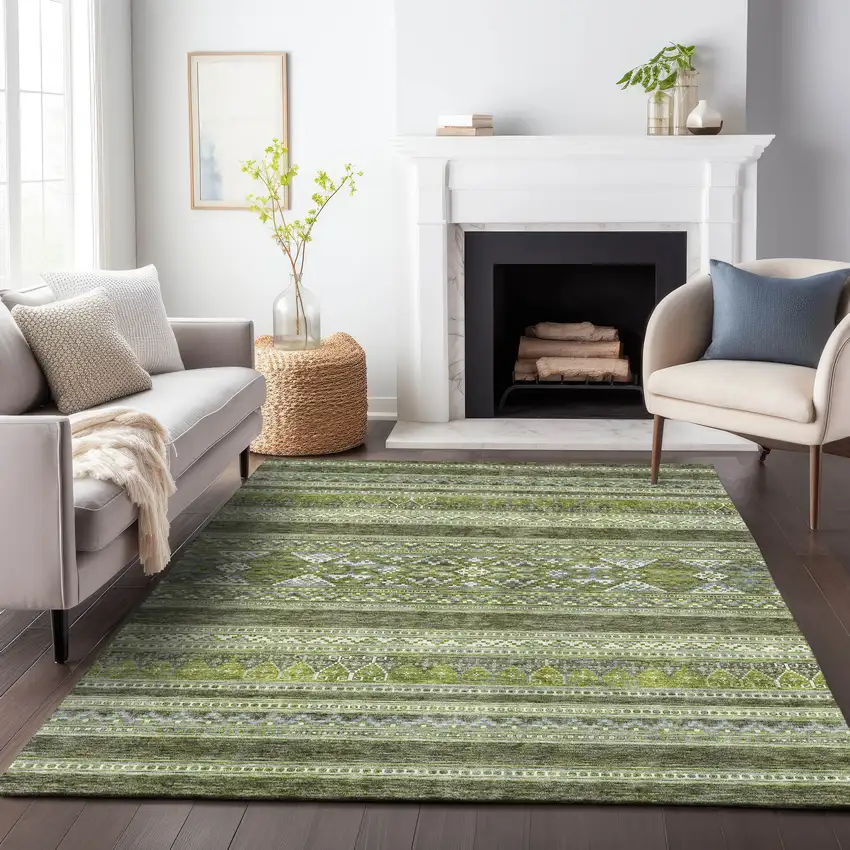 Olive Green Gray And Ivory Southwestern Washable Area Rug With UV Protection Photo 5