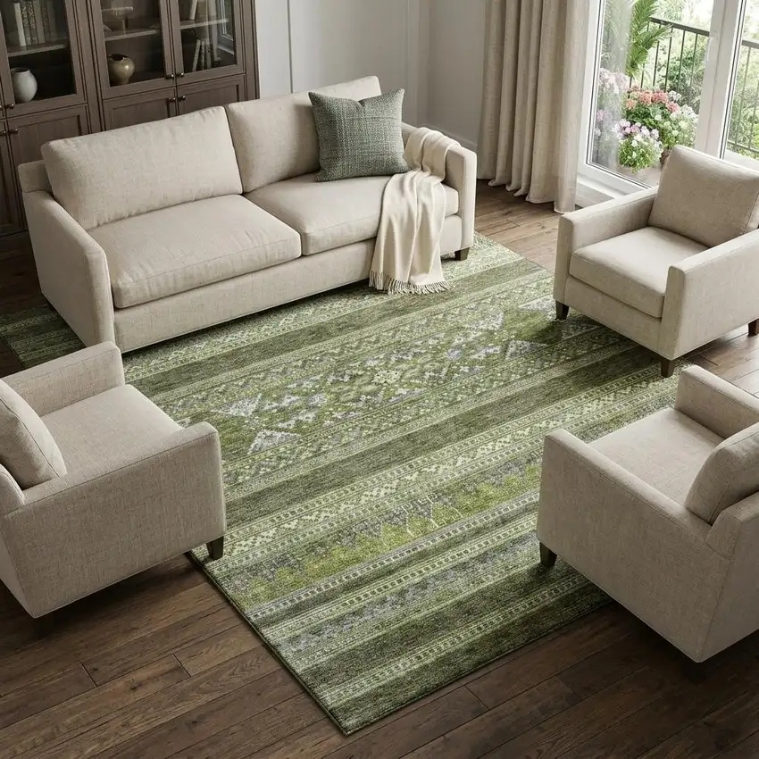 Olive Green Gray And Ivory Southwestern Washable Area Rug With UV Protection Photo 1