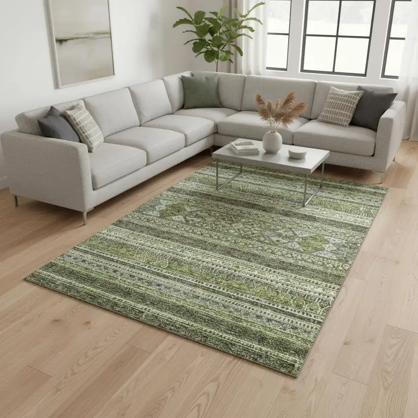 Olive Green Gray And Ivory Southwestern Washable Area Rug With UV Protection Photo 1