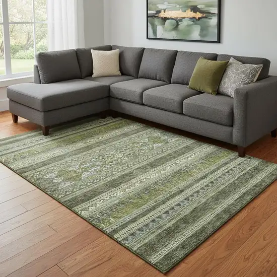 Olive Green Gray And Ivory Southwestern Washable Area Rug With UV Protection Photo 1