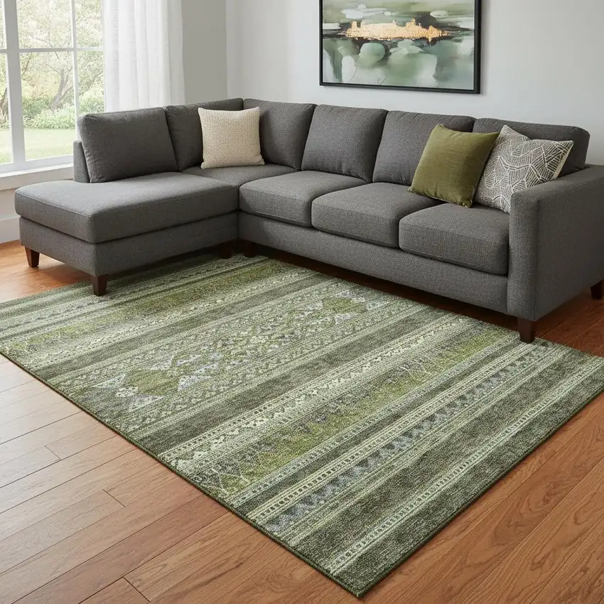 Olive Green Gray And Ivory Southwestern Washable Area Rug With UV Protection Photo 1