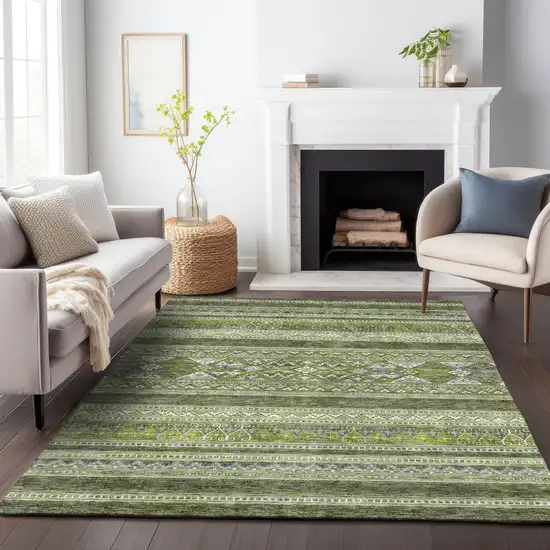 Olive Green Gray And Ivory Southwestern Washable Area Rug With UV Protection Photo 5