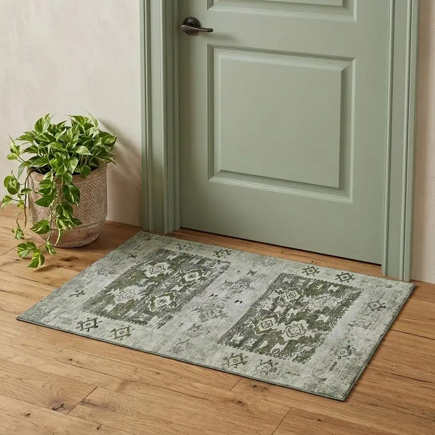 Olive Green Gray And Ivory Southwestern Washable Area Rug With UV Protection Photo 1
