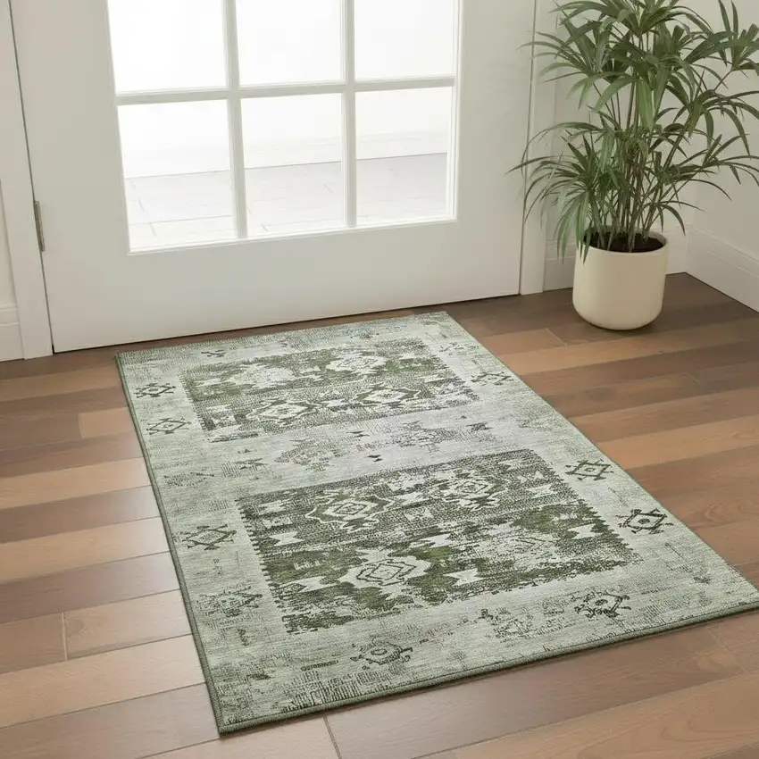 Olive Green Gray And Ivory Southwestern Washable Area Rug With UV Protection Photo 2